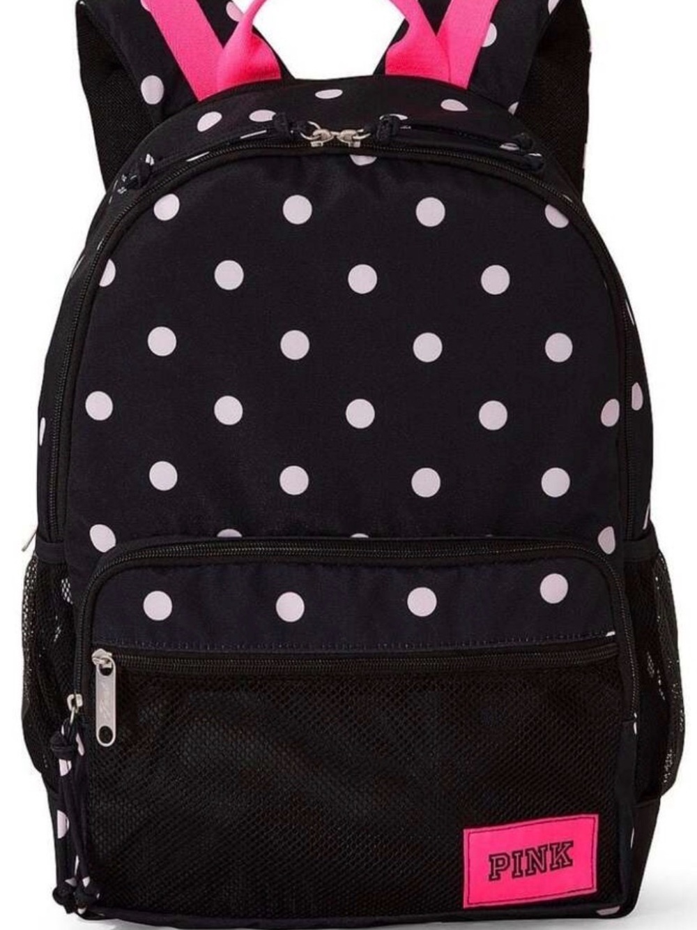 PINK Victoria's Secret Black Backpack with Pink Polka Dots and Hot Pink Accents